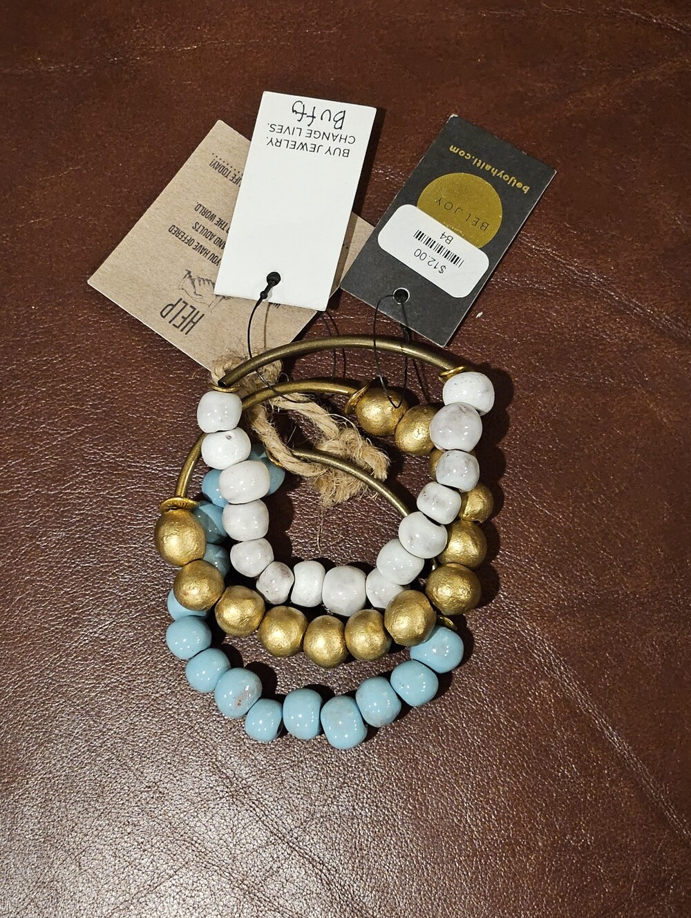 NWT Beljoy Handmade Stackable Haitian Bead/Metal Bracelets, Blue, Gold & White